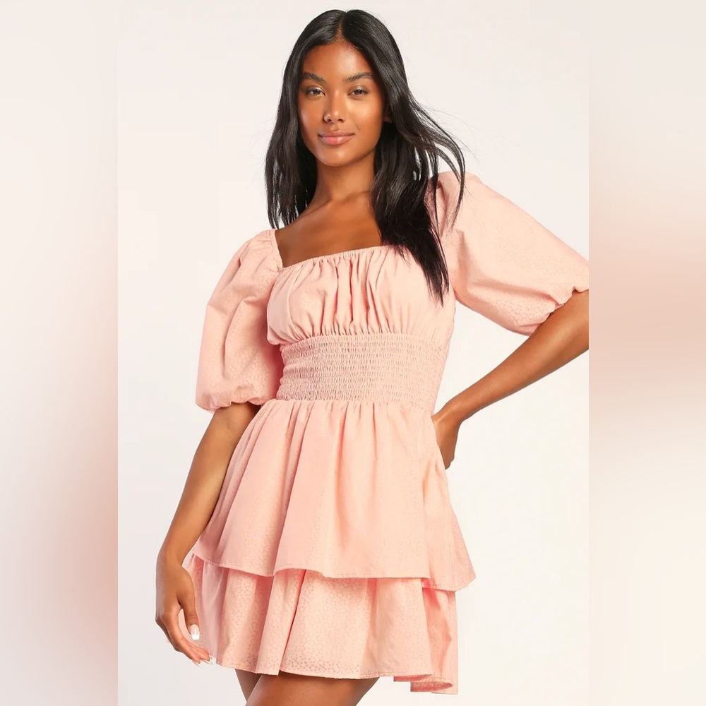 Lulus Tiers To Me Blush Puff Sleeve Tiered Skater Mini Dress